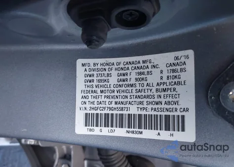 2016 Honda Civic Ex z USA, uszkodzony, nr VIN 2HGFC2F79GH558731